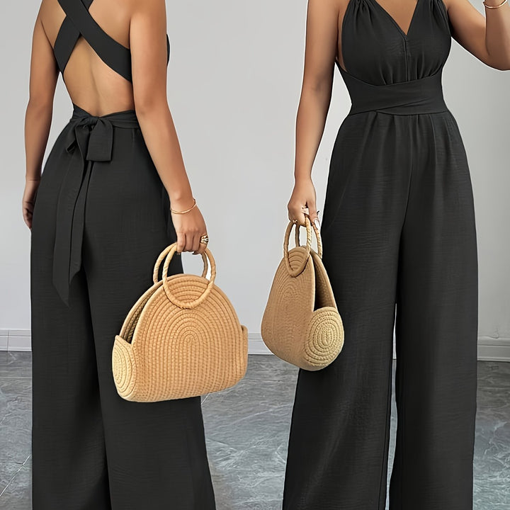Linen Halter V Neck Ruched Wide Leg Elegant Jumpsuit