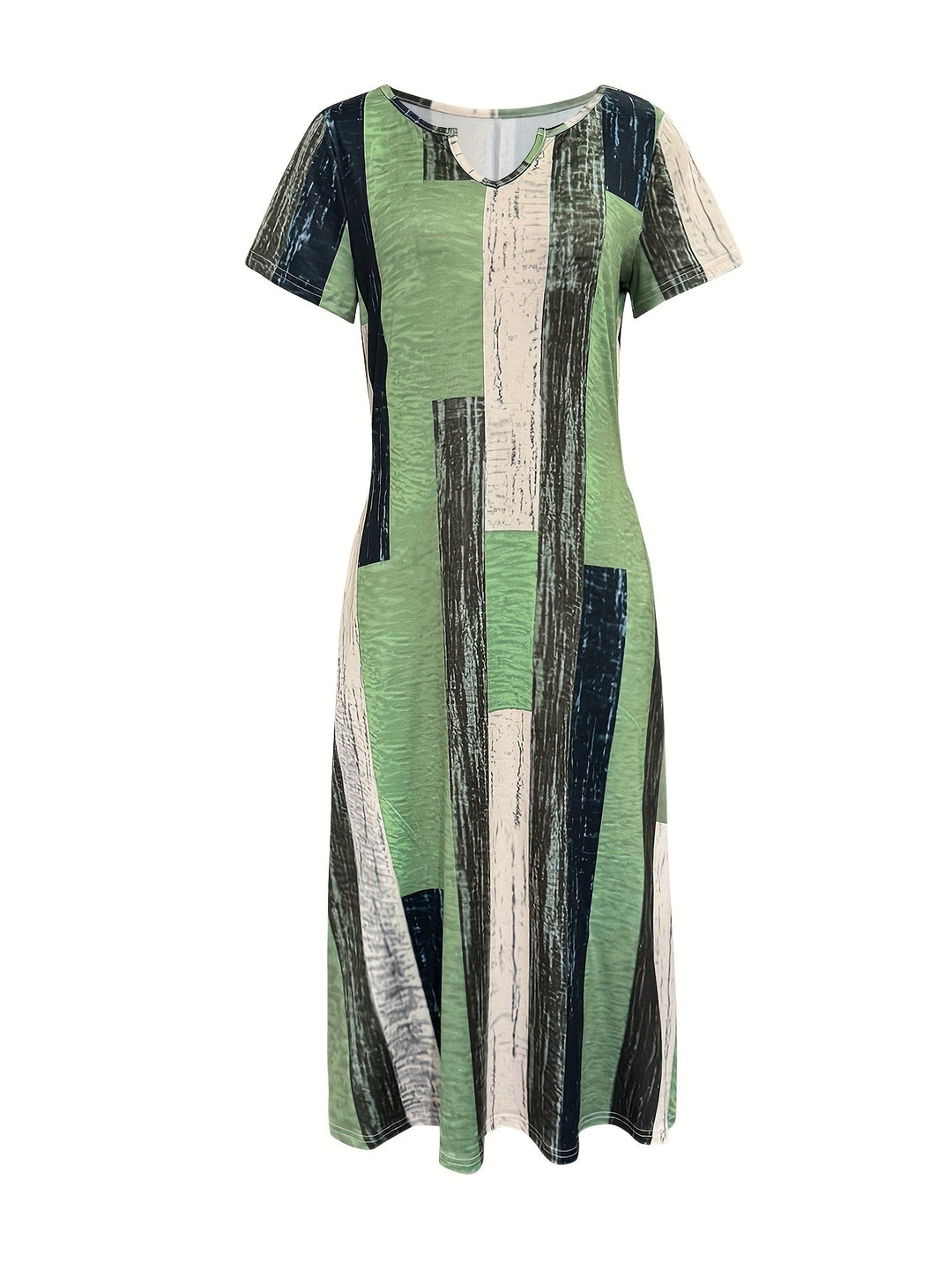 Beau™-Green Striped Colour Short Sleeve Dress