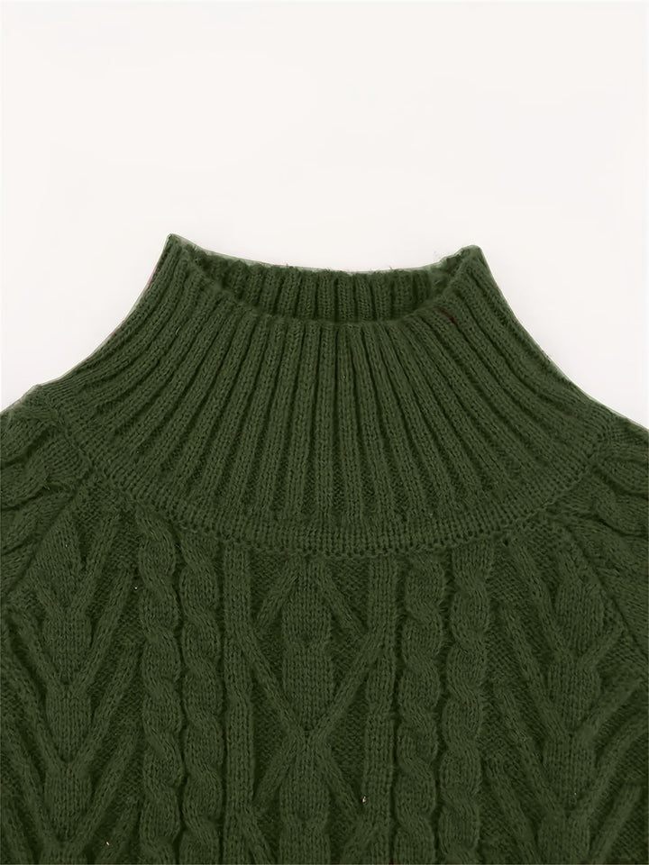 Solveig | Women's Ribbed Puff Sleeve Cable Knit Mock Neck Sweater