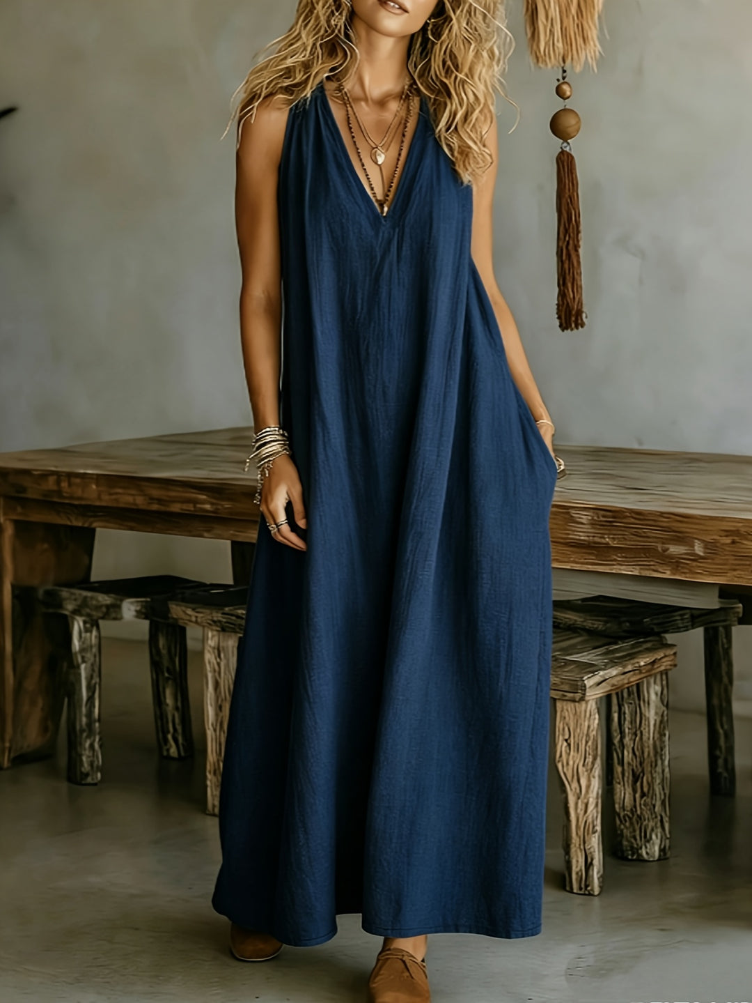 Linen Flowy V Neck Draped Casual Maxi Dress for Vacation