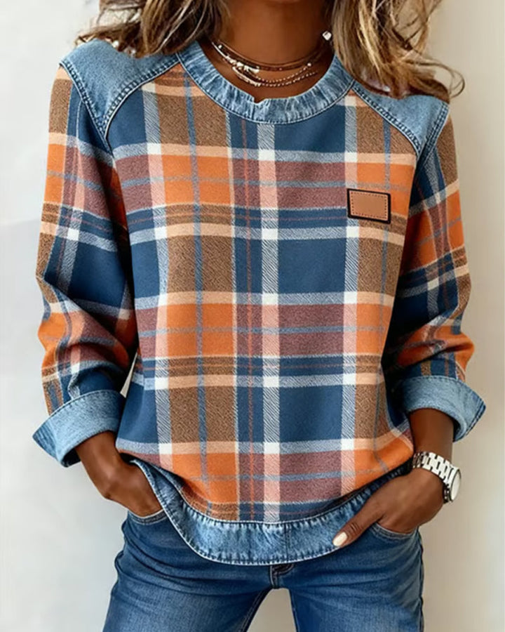 Darcey- Denim Patchwork Pullover Sweatshirt