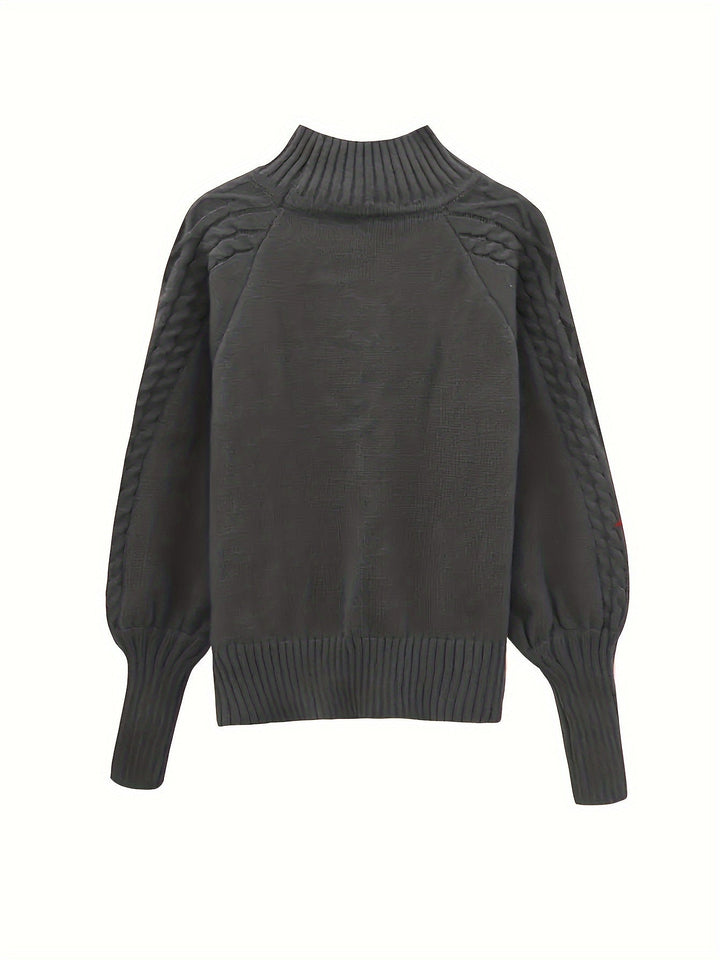 Solveig | Women's Ribbed Puff Sleeve Cable Knit Mock Neck Sweater