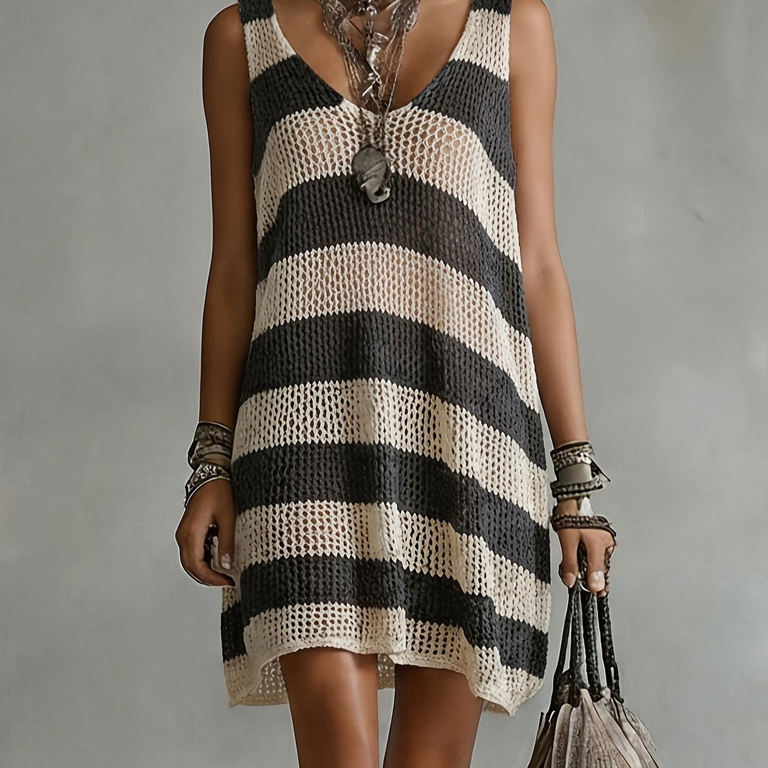 Striped V Neck Knit Casual Mini Dress for Vacation