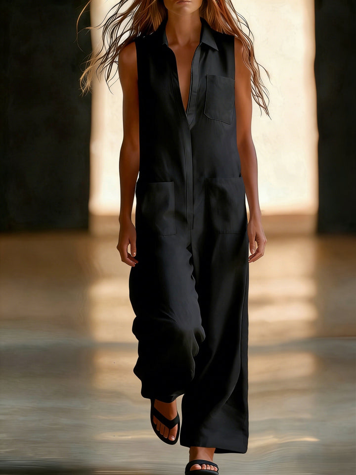 Linen Collared Sleeveless Wide Leg Utility Jumpsuit