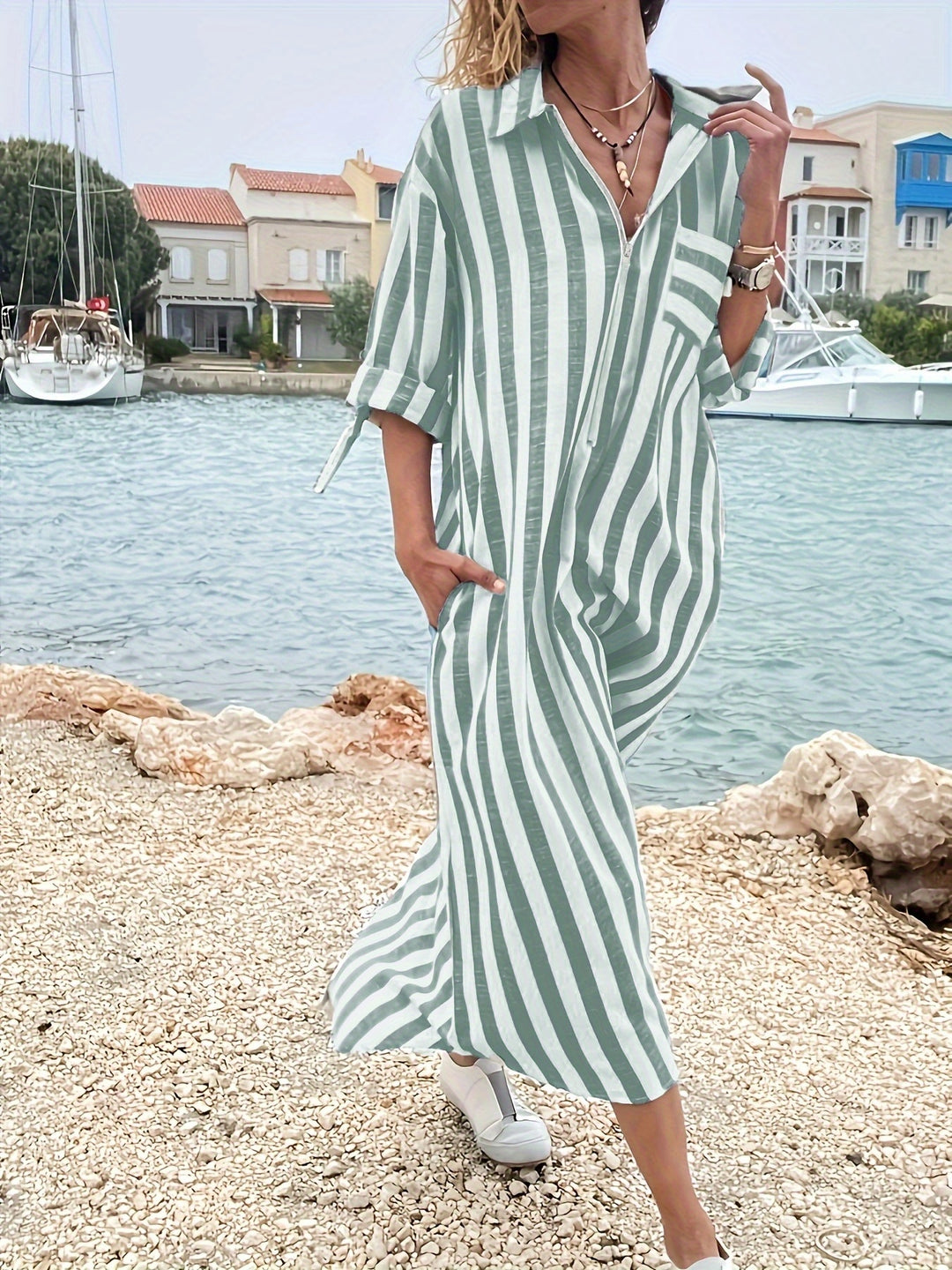 Striped Linen Collar Zip Neck Oversized Casual Maxi Dress