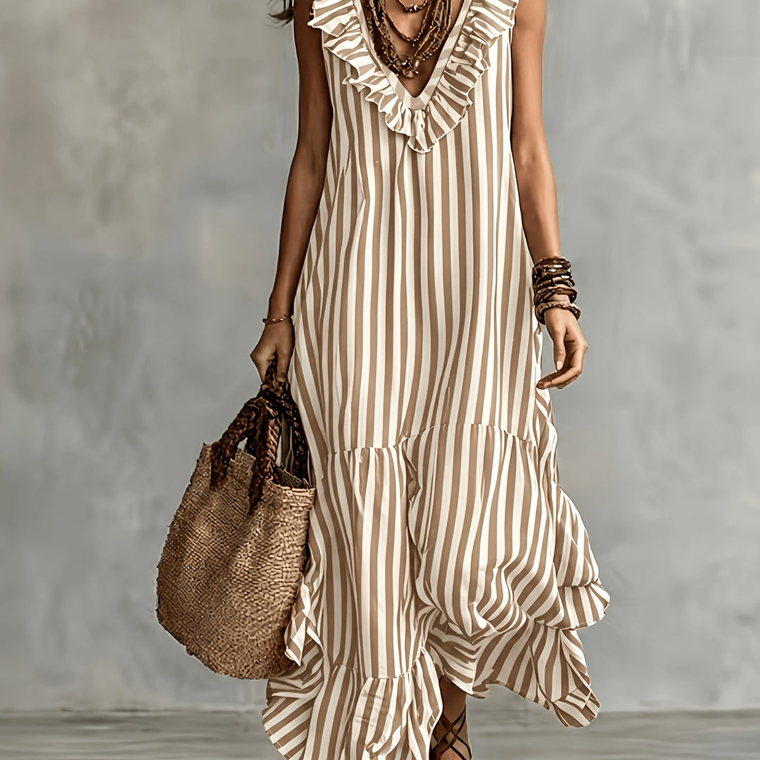 Striped Ruffled V Neck Boho Maxi Dress for Vacation