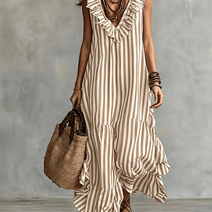 Striped Ruffled V Neck Boho Maxi Dress for Vacation