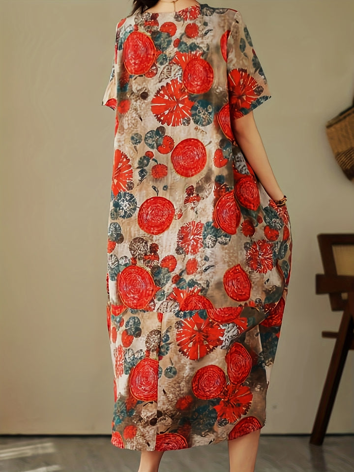 Vintage Botanical Print Crew Neck Short Sleeve Loose Linen Maxi Dress