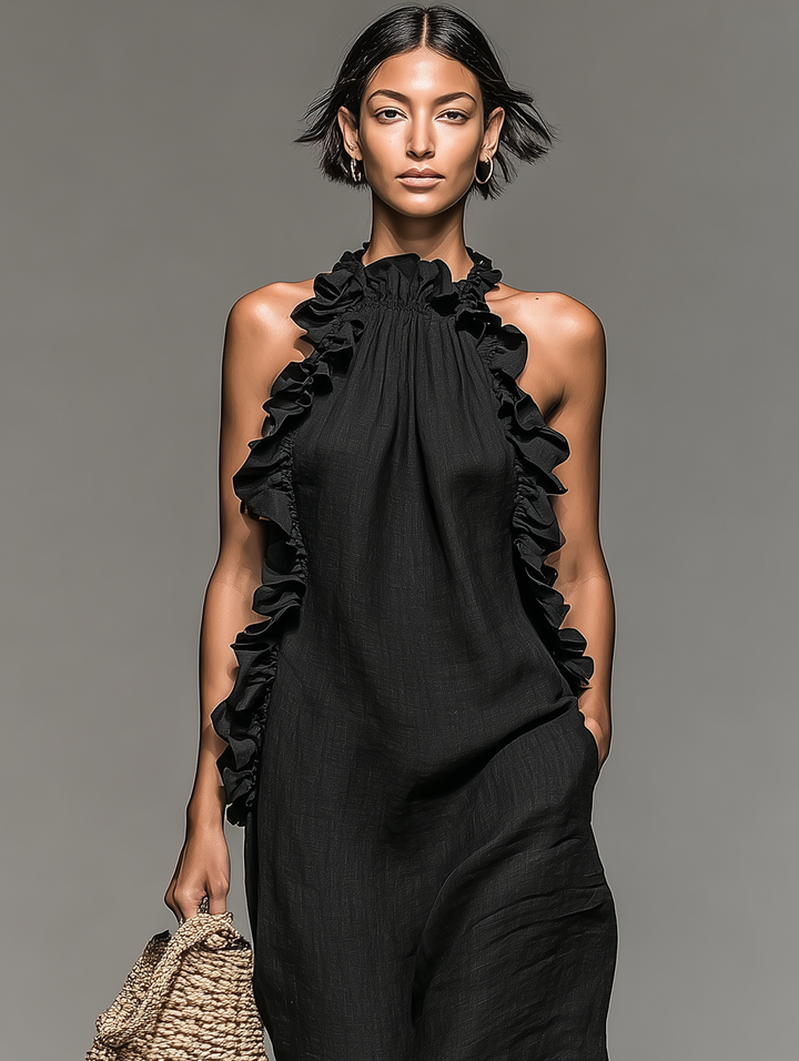 Ruffle Trim Halter Neck Sleeveless Linen Maxi Dress