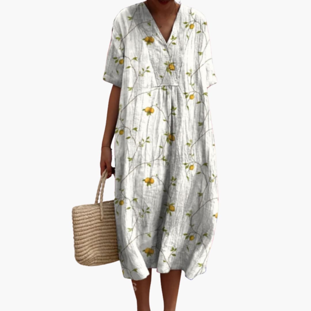 Floral Cotton V Neck Short Sleeve Oversized Casual Midi Dress