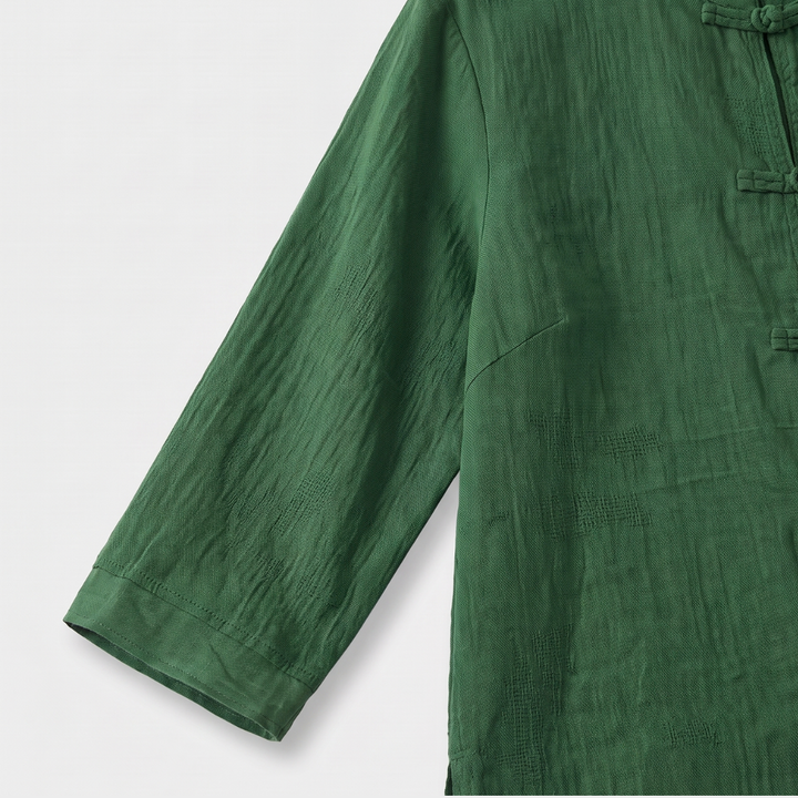 Mandarin Collar Frog Button Linen Blouse for Casual Style
