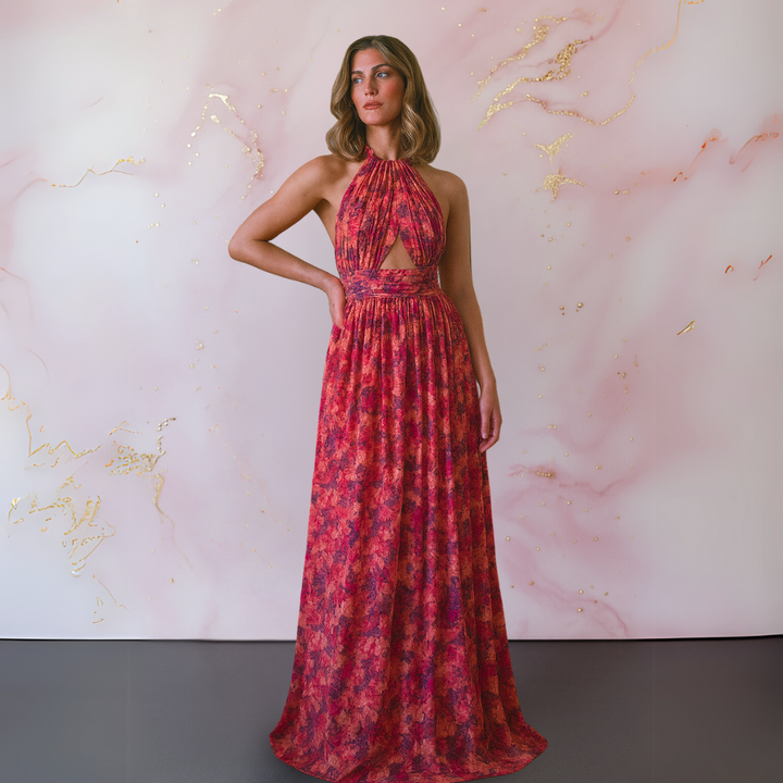 Floral Halter Neck Cut Out Waist High Split Flowy Maxi Dress - Wedding Guest