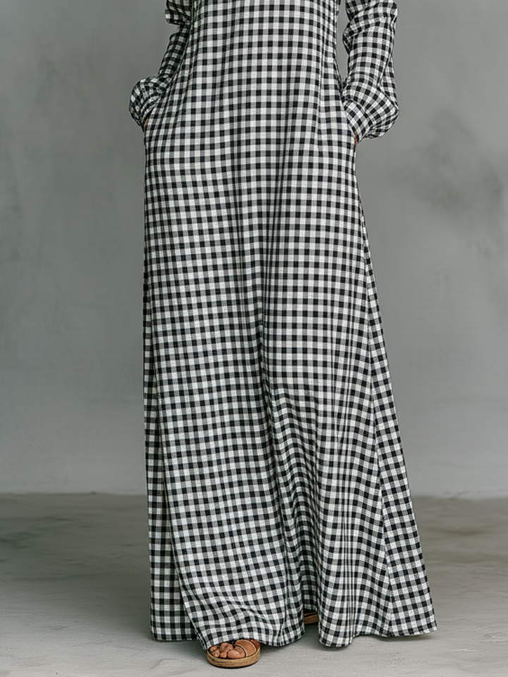 Gingham Check V Neck Long Sleeve Casual Maxi Dress