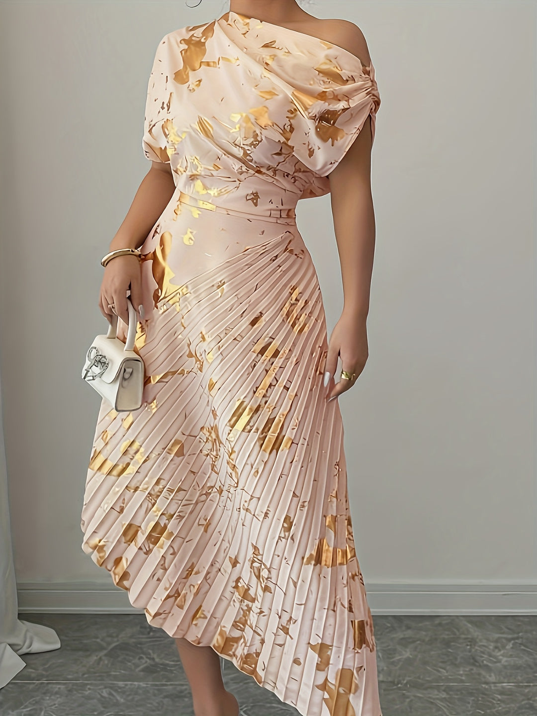 Draped One Shoulder Pleated Skirt Midi Dress - Wedding Guest