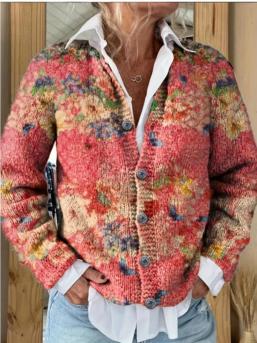Verity-Vibrant Floral Print Button-Front Cardigan