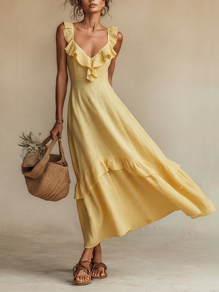 Ruffle V Neck Tiered Hem Sleeveless Linen Sundress
