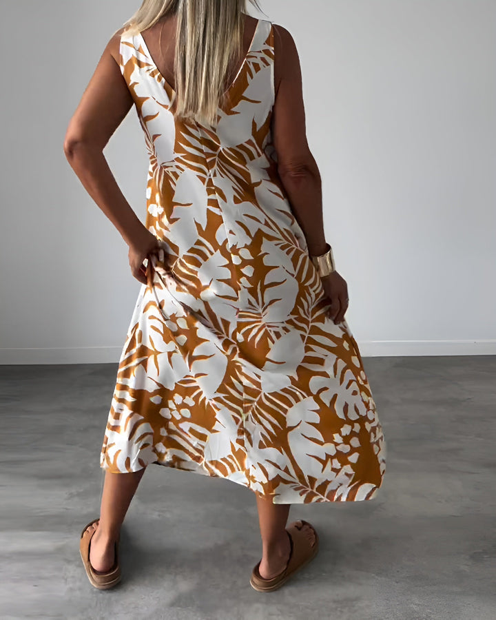 Tropical Leaf Print Halter Neck Sleeveless Swing Casual Maxi Dress