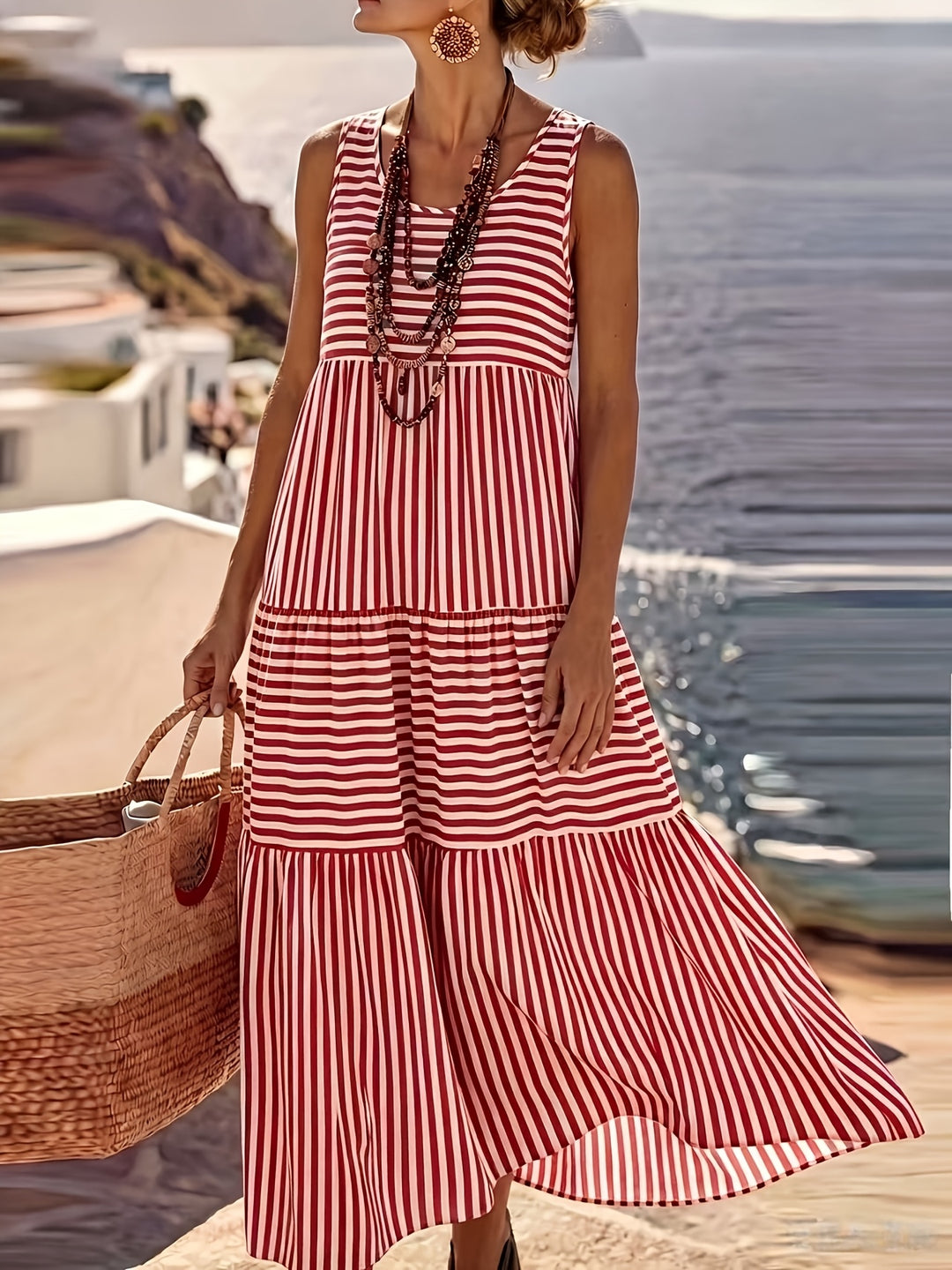 Striped Sleeveless Tiered Sundress for Vacation Style