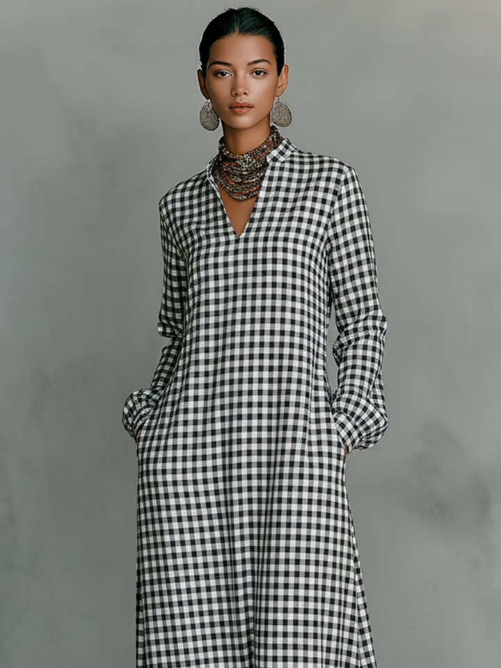 Gingham Check V Neck Long Sleeve Casual Maxi Dress