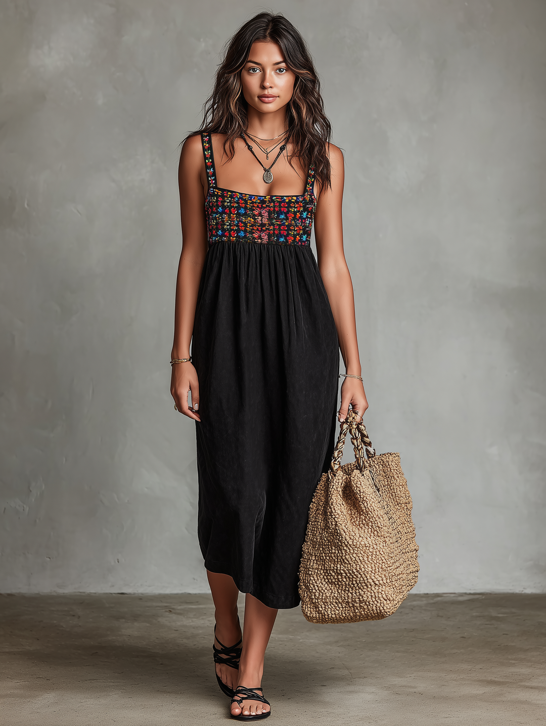 Embroidered Bodice Square Neck Sleeveless Boho Midi Dress