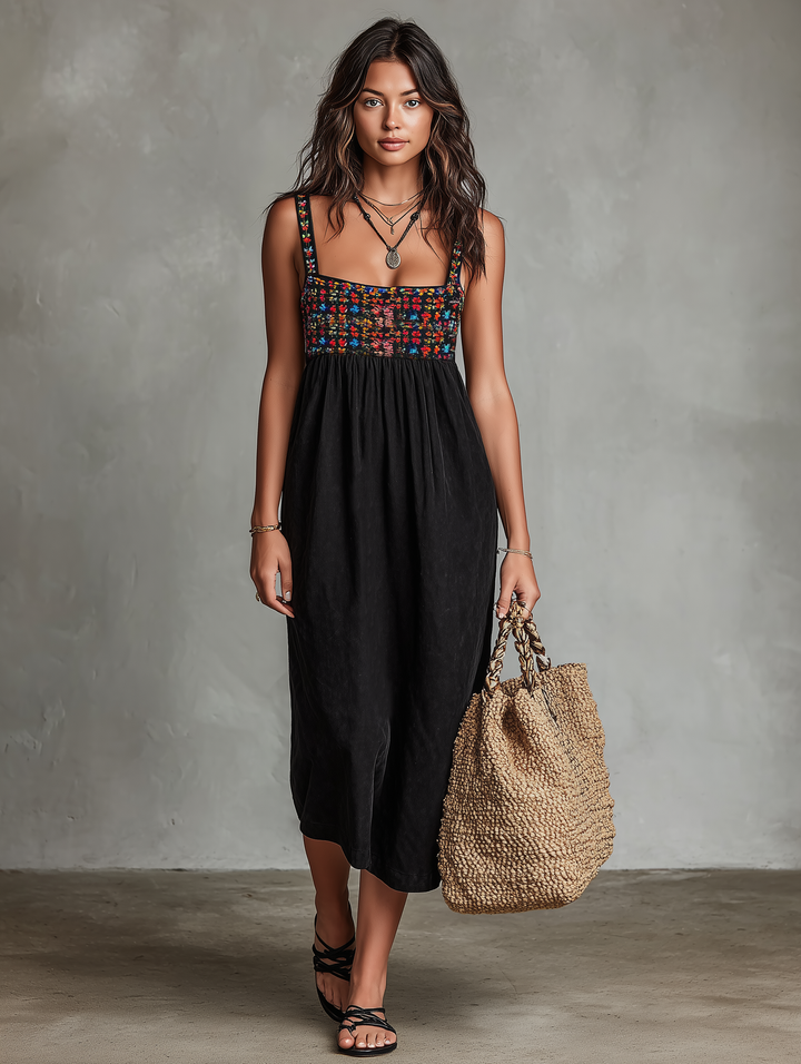 Embroidered Bodice Square Neck Sleeveless Boho Midi Dress