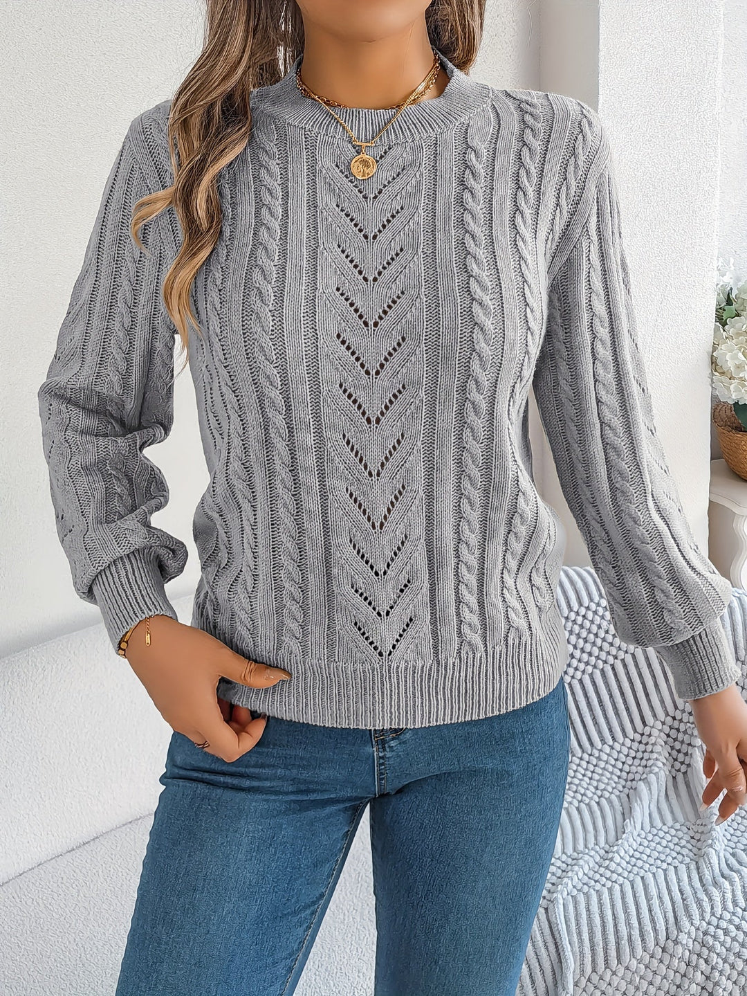 Rosamund | Women's Textured Crew Neck Pointelle Cable Knit Sweater