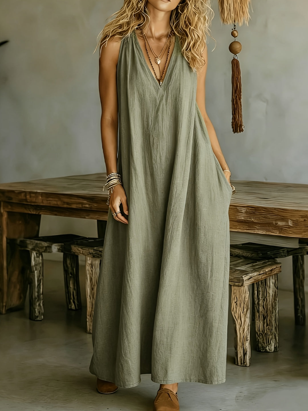 Linen Flowy V Neck Draped Casual Maxi Dress for Vacation