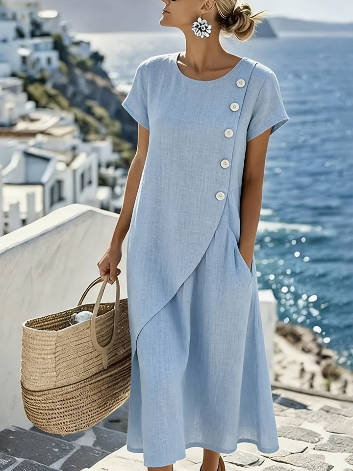 Linen Button Detail Short Sleeve Casual Midi Dress