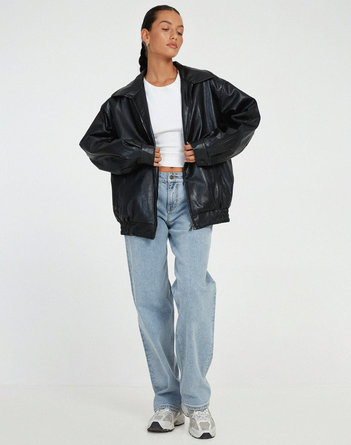 Ruby | Women's Oversized Faux Leather Zip-Up Bomber Jacket