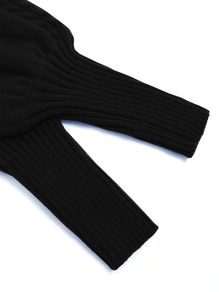 Solveig | Women's Ribbed Puff Sleeve Cable Knit Mock Neck Sweater