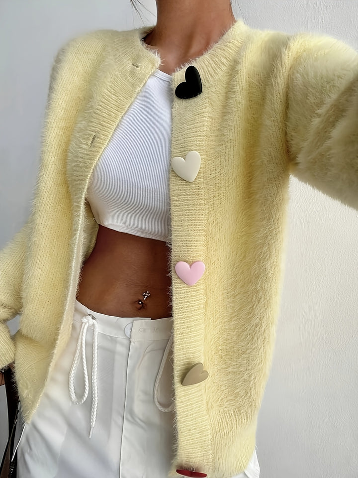 Rosalie | Women's Fluffy Cropped Cardigan with Heart Buttons