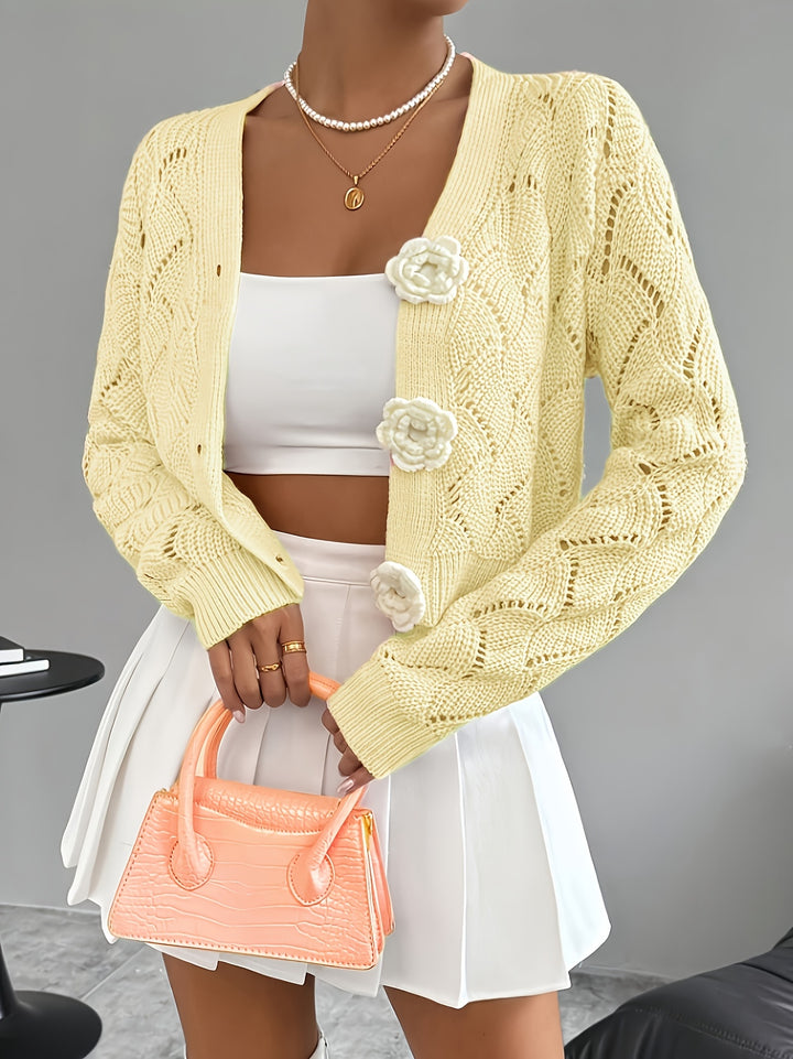 Celeste | Women's Crochet Knit Cardigan with 3D Floral Buttons