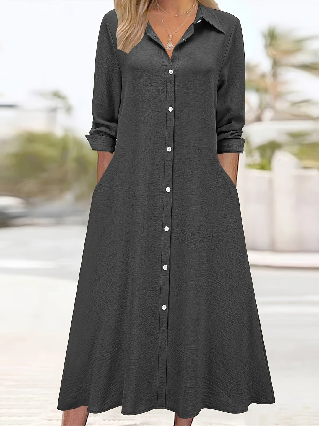 Paloma™-Plain Colour Button Front Shirt Dress