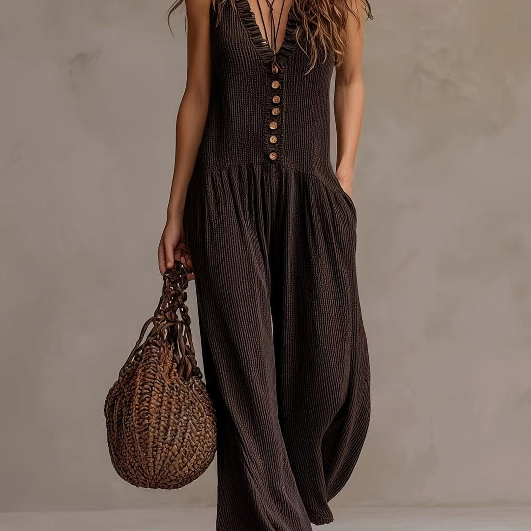Ruffle V Neck Button Front Smocked Waist Wide Leg Jumpsuit