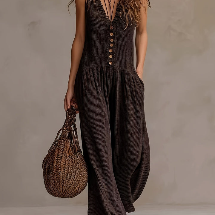 Ruffle V Neck Button Front Smocked Waist Wide Leg Jumpsuit