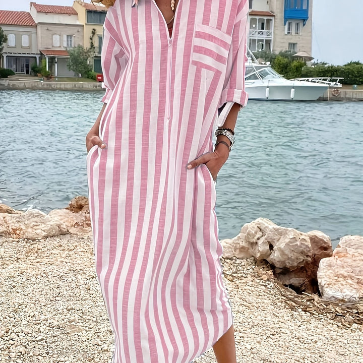 Striped Linen Collar Zip Neck Oversized Casual Maxi Dress