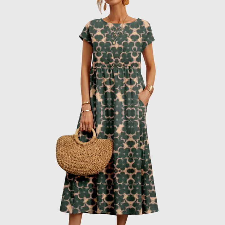 Floral Short Sleeve Midi Dress with Pockets and Round Neck