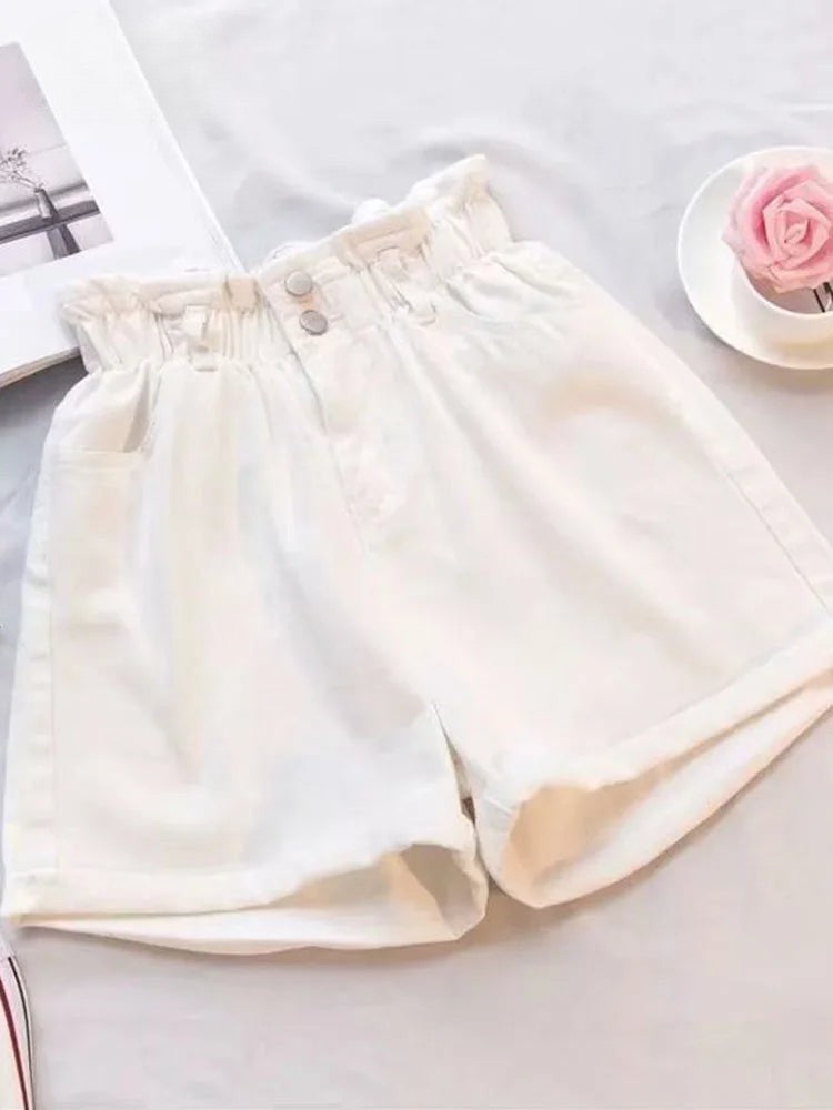 Paperbag Waist Cuffed High Waist Denim Shorts