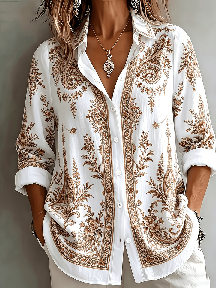 Floral Paisley Print Long Sleeve Oversized Casual Blouse