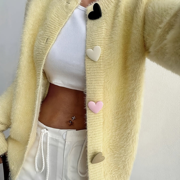 Rosalie | Women's Fluffy Cropped Cardigan with Heart Buttons