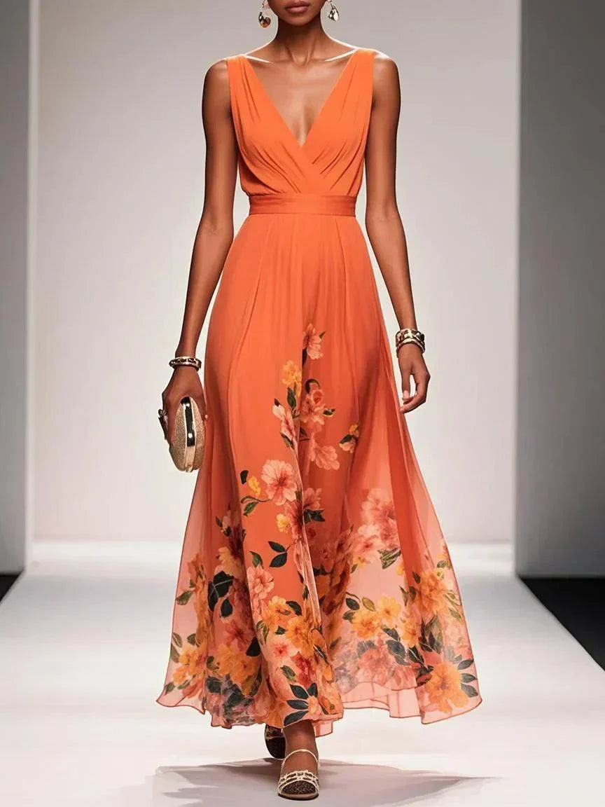 Floral Border Print Deep V Neck Ruched Chiffon Maxi Dress - Wedding Guest
