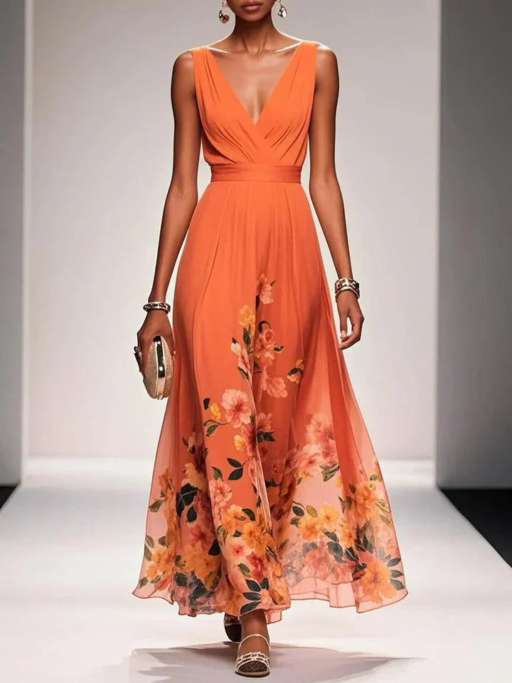 Floral Border Print Deep V Neck Ruched Chiffon Maxi Dress - Wedding Guest