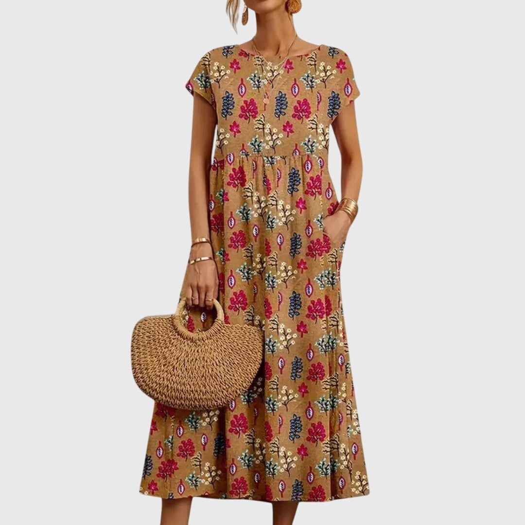 Floral Short Sleeve Midi Dress with Pockets and Round Neck