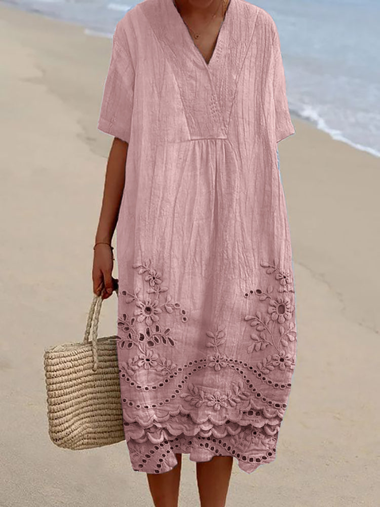 Eyelet Embroidered Hem V Neck Short Sleeve Casual Cotton Midi Dress