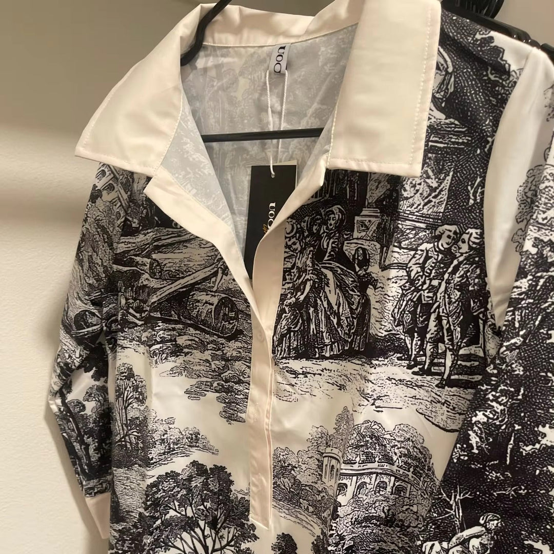 Vintage Toile Print Contrast Collar Shirt Mini Dress