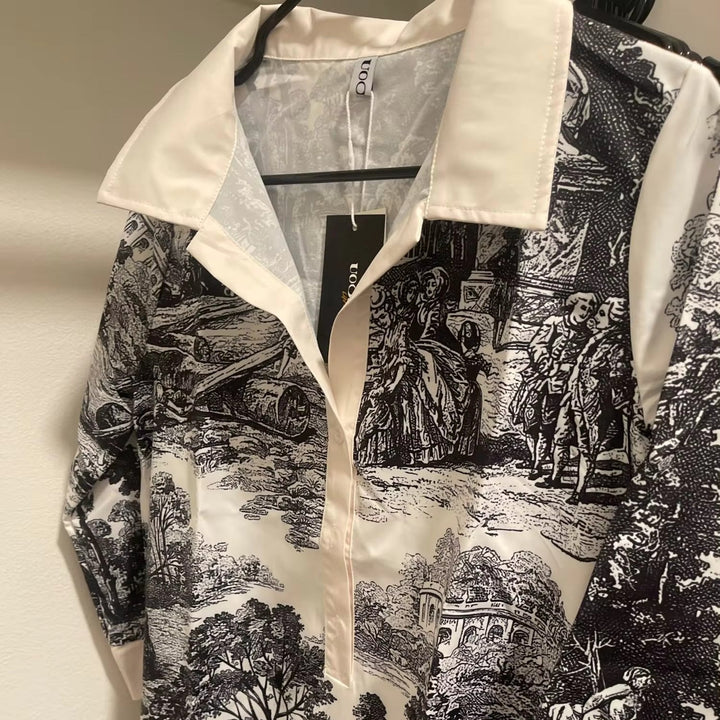 Vintage Toile Print Contrast Collar Shirt Mini Dress