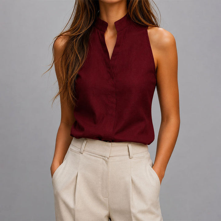 Sleeveless Mandarin Collar V-Neck Blouse