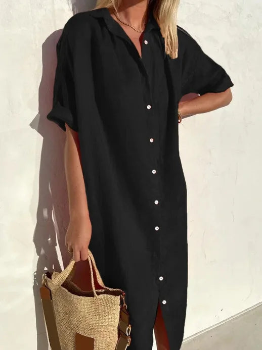 Oversized Button Down Short Sleeve Linen Shirt Midi Dress