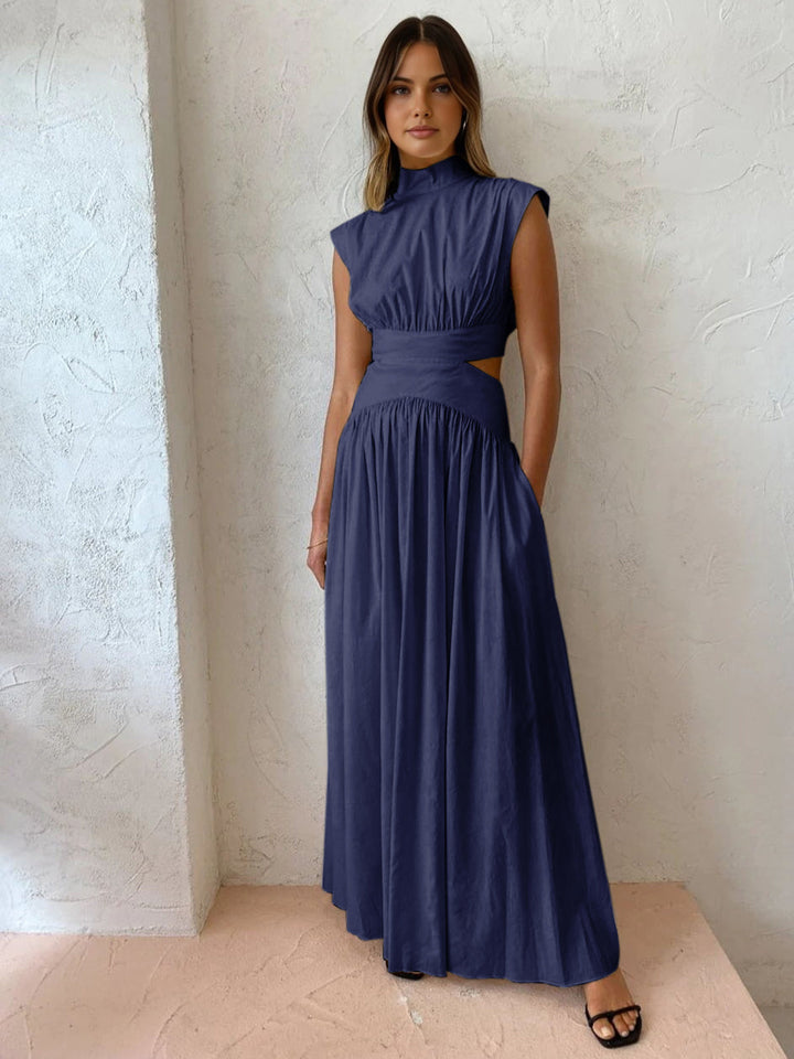 Cut Out Ruched Satin Maxi Dress - Formal Evening Gown