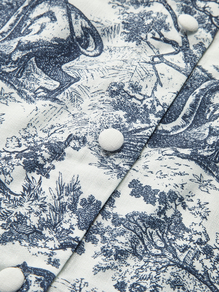 Toile Print Oversized Shirt Bralette Top and Short Three-Piece Set